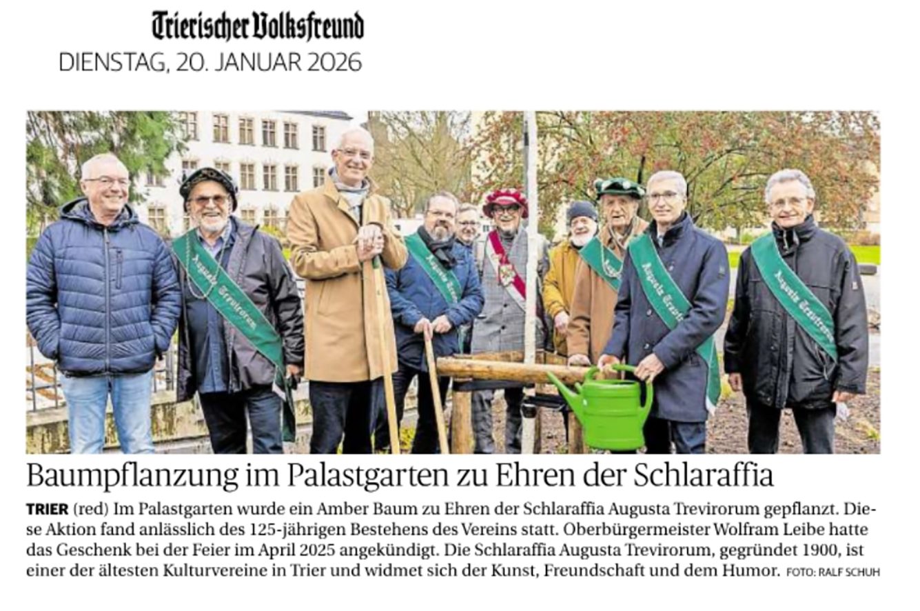 Zeitungsausschnitt Trierischer Volksfreund: Baumpflanzung im Palastgarten zu Ehren der Schlaraffia